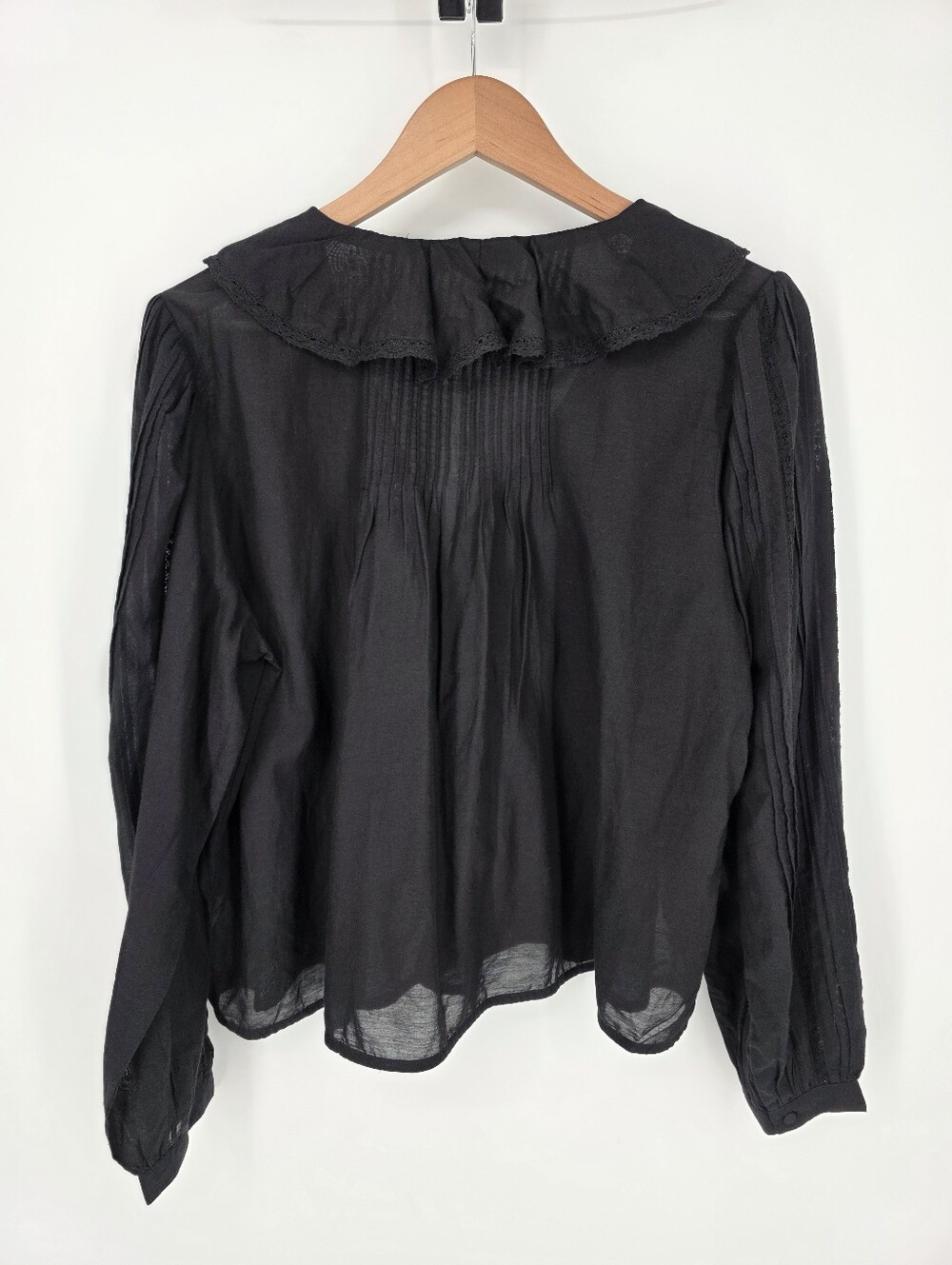 Madewell Black Lace-Insert Ruffled Pintuck Long-Sleeve Top, Sz L - Picture 4 of 15